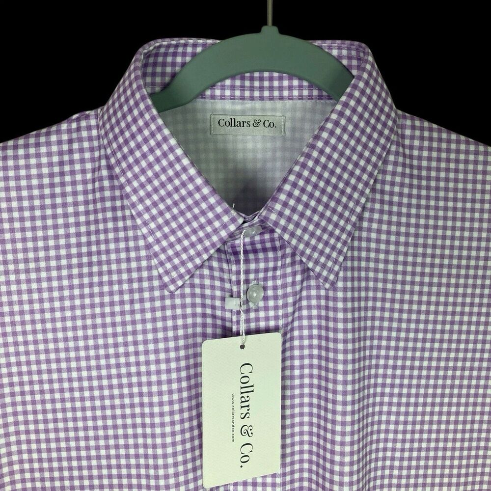 Collars & Co Polo Shirt Mens Small Lavender Gingham Dress Collar Office Golf NWT